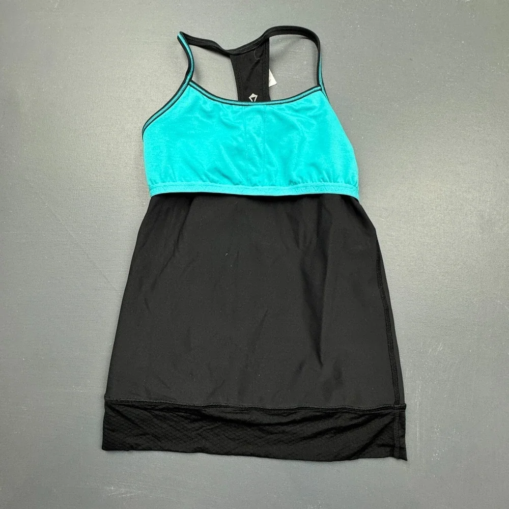 Ivivva Girls Size 12 Black Teal Racerback Tank Built In Bra Athletic Stretch Top
